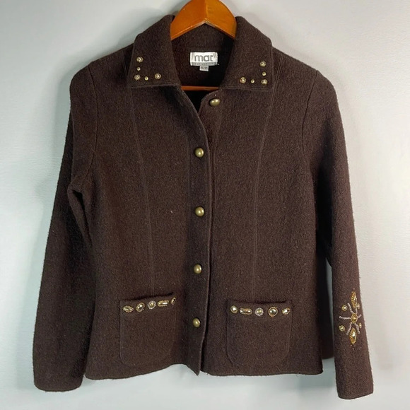 VINTAGE Mat Collection Brown Wool Jacket Blazer Embellished Grandma Size Small - Picture 14 of 14